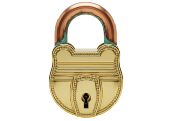 Isolated antique brass padlock with rusted shackle, ornate and secure, for security usage