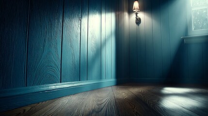 Empty room with wooden floor and wall illuminated by a lamp.