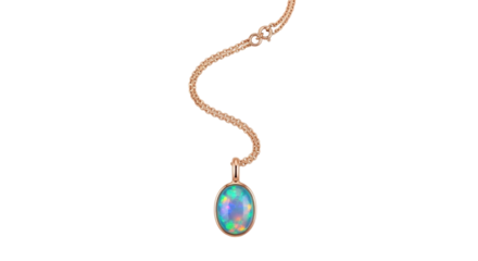 Isolated rose gold chain and oval opal gemstone pendant jewelry for women, no background