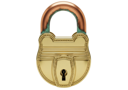 Isolated antique brass padlock with rusted shackle, ornate and secure, for security usage