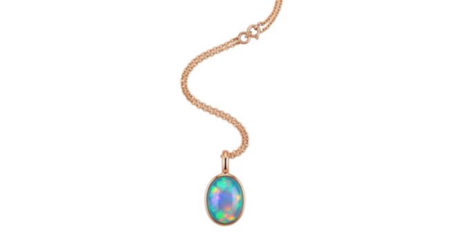 Isolated rose gold chain and oval opal gemstone pendant jewelry for women, no background