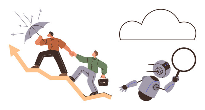 Two professionals climb an upward arrow, one holding an umbrella for protection. Beside them, a robot uses a magnifying glass. Cloud icon signifies connectivity. Ideal for progress, leadership
