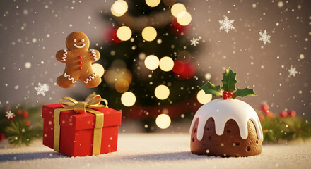 Christmas composition with red gift, gingerbread and pudding. Festive decoration, symbolizing holiday spirit, celebration and joyful season