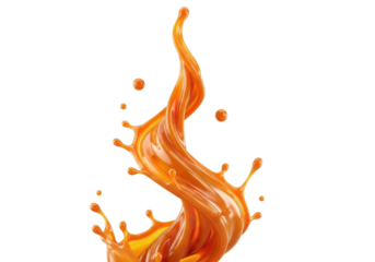 Isolated splash of orange colored liquid in dynamic motion rising and whirling sharply around