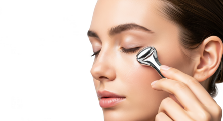 Young woman using a metal eye roller for undereye skincare, isolated on transparent background