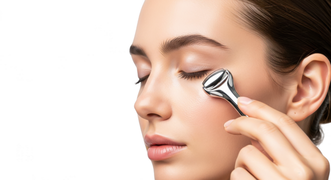 Young woman using a metal eye roller for undereye skincare, isolated on transparent background