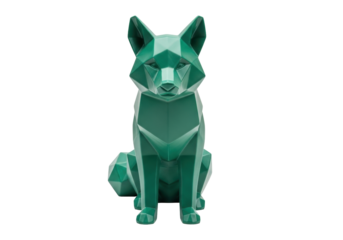 Isolated origami fox statue, green geometric modern animal sculpture concept idea