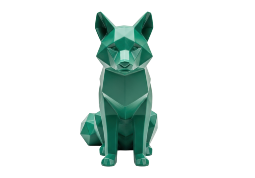Isolated origami fox statue, green geometric modern animal sculpture concept idea