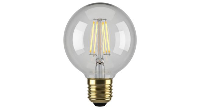 Isolated LED filament retro lightbulb with a vintage clear glass globe and brass base