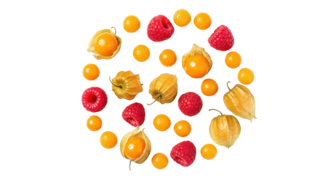 Isolated group of groundcherries, goldenberries, physalis, raspberries, fresh berries, food