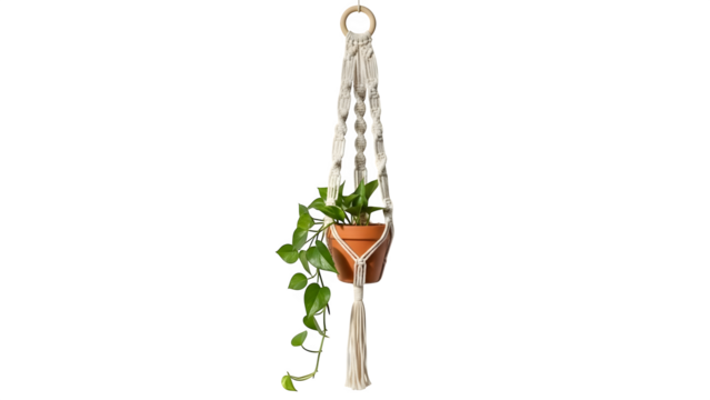 Macrame Plant Hanger with Pothos, isolated on transparent background - Powered by Adobe