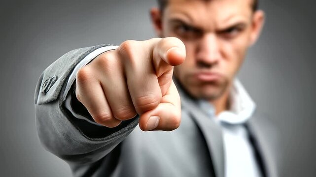 Angry client pointing finger at seller, confrontation moment, realistic tone, blurred background, with copy space