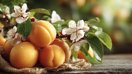 Fresh Apricots with Blossoms on a Rustic Wooden Table.