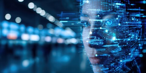 A digital representation of a human face, integrated with data streams and circuits, symbolizing the intersection of technology and humanity.