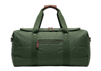 Isolated olive duffel bag, casual gym luggage, soft holdall for travel with vintage design