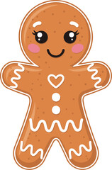 A cute flat vector illustration of a happy gingerbread man cookie decorated with white icing and a small heart on the chest,