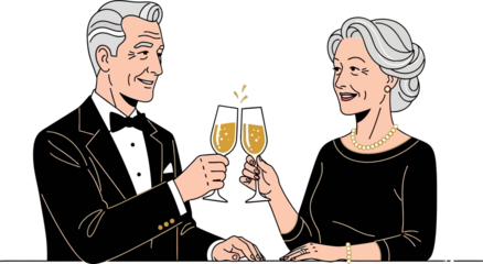 Elegant Mature Couple Toasting with Champagne Glasses at a Formal Celebration