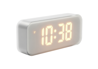 Isolated modern digital alarm clock displaying 1038 time, household device indicator
