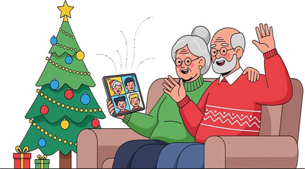 Senior Couple Celebrating Virtual Christmas with Family on Tablet Video Call