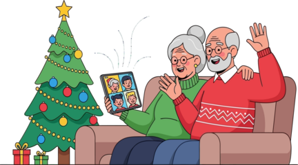 Senior Couple Celebrating Virtual Christmas with Family on Tablet Video Call