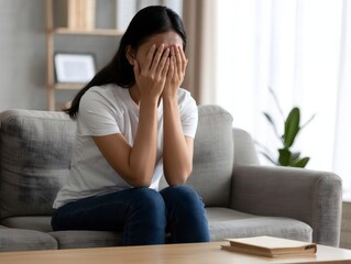 Woman Covering Face with Hands, Showing Distress on Sofa at Home