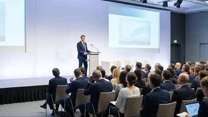 Professional Speaker Delivering Keynote Speech at a Corporate Business Conference to an Engaged Audience