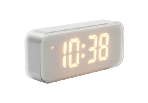 Isolated modern digital alarm clock displaying 1038 time, household device indicator