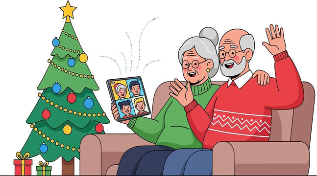 Senior Couple Celebrating Virtual Christmas with Family on Tablet Video Call