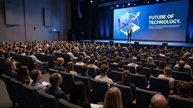 Speaker presenting "Future of Technology" to a large audience at a corporate conference, highlighting innovation and business growth