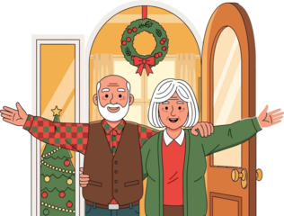 Senior couple greeting with open arms in their festive home, ready for Christmas.