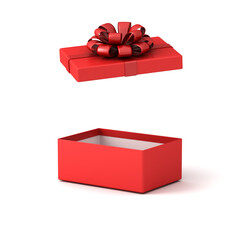 Blank red present box with white inside product display mock up showcase or blank red rectangle gift box with red ribbon bow isolated on white background with shadow creative idea concept 3D rendering