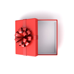 Blank red rectangle gift box mock up opening or top view of red present box product display showcase tied with red ribbon bow isolated on white background with shadow minimal concepts 3D rendering