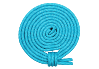 Isolated coiled turquoise rope, cable or shoelace forming tight circle, clean look, simple aesthetic