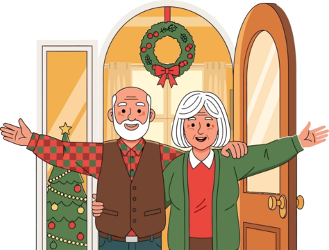 Senior couple greeting with open arms in their festive home, ready for Christmas.