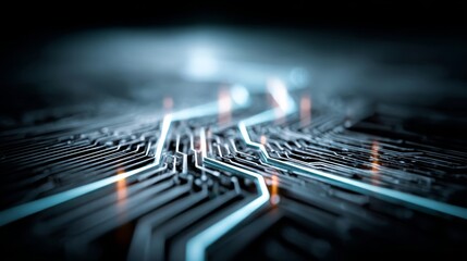 Intricate Circuit Board Illuminated with Glowing Blue Lines.