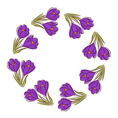 Wreath with crocus flower with green leaves in flat style. Colorful floral frame for spring design, greeting card and nature theme isolated on white background.