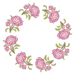 Peony spring flower wreath in a flat style. Ideal for botanical design, greeting card, textile and spring art isolated on white background.