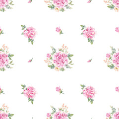 Delicate floral seamless pattern rose, freesia flower, leaves. Pastel color. Watercolor illustration, isolated background. Spring blossom botanical repeat ornament for packaging, textile, wrapping