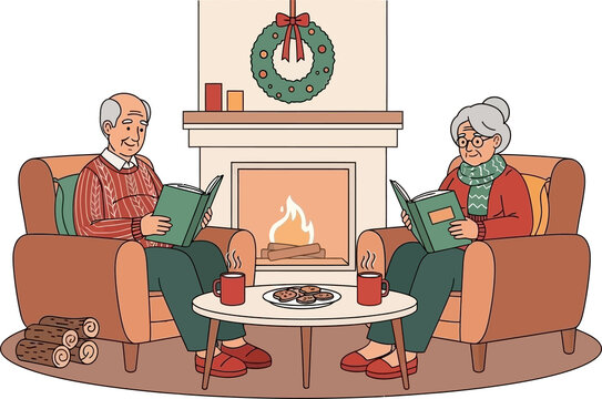 Cozy senior couple reading books by a Christmas fireplace with hot drinks and cookies