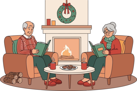 Cozy senior couple reading books by a Christmas fireplace with hot drinks and cookies