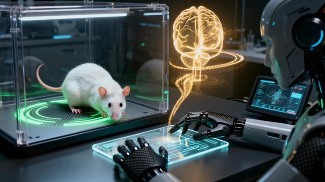 Advanced laboratory setting featuring a robot interacting with a white lab rat in a transparent enclosure. A glowing holographic brain projection symbolizes neuroscience research and AI integration.