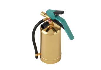 Isolated Vintage-Style Fire Extinguisher with Brass Finish and Green Handle on Display