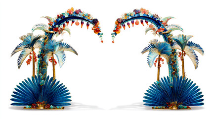 A pair of palm tree arches decorated with garlands and flags