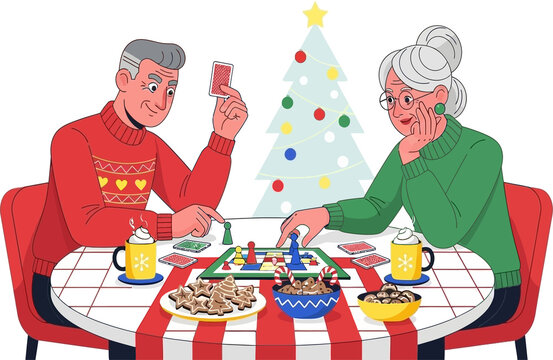 Joyful Senior Couple Playing Board Game and Cards During Christmas Holidays