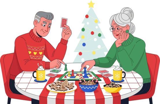 Joyful Senior Couple Playing Board Game and Cards During Christmas Holidays