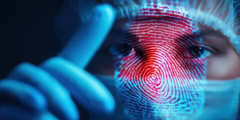 A close-up of a masked person with a fingerprint overlay, symbolizing identity verification and security in a digital age.