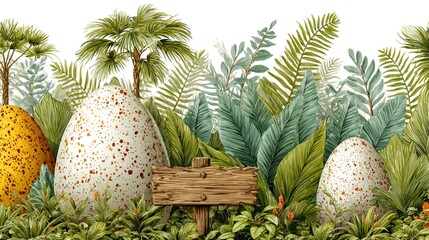 Jurassic Jungle Scene with Dinosaur Eggs and Wooden Sign.