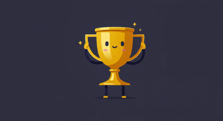 Obraz premium Smiling Cartoon Trophy Trio with Sparkles – Celebration and Achievement Concept on Dark Background