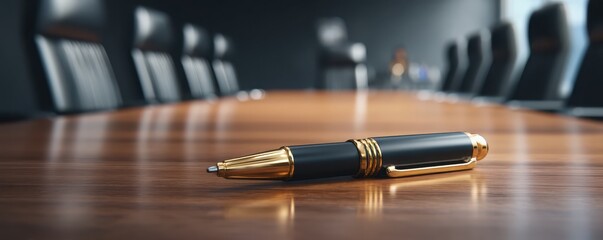 A sleek pen rests on a polished wooden conference table, symbolizing professionalism in a modern meeting space.