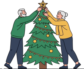 Elderly Couple Decorating Christmas Tree and Placing Golden Star Topper for Holiday Celebration